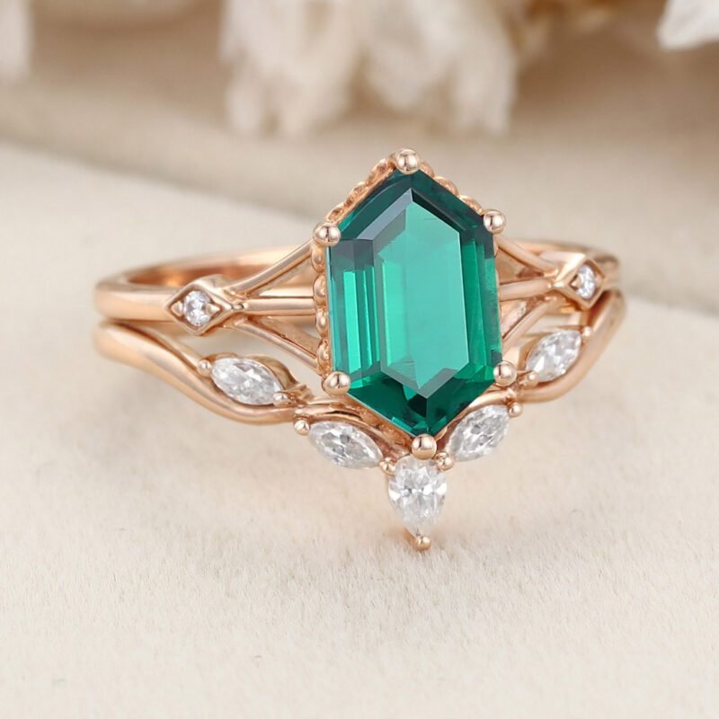 Unique Hexagon Cut Lab Emerald Engagement Ring Set 14K Rose Gold Marquise Cut Diamond Ring Bridal Wedding Ring Set Gift