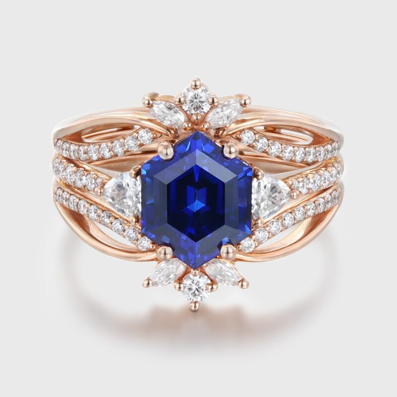 2.5 Carat Enhance Hexagon Cut Lab Grown Sapphire Engagement Ring Set Vintage 14K Rose Gold