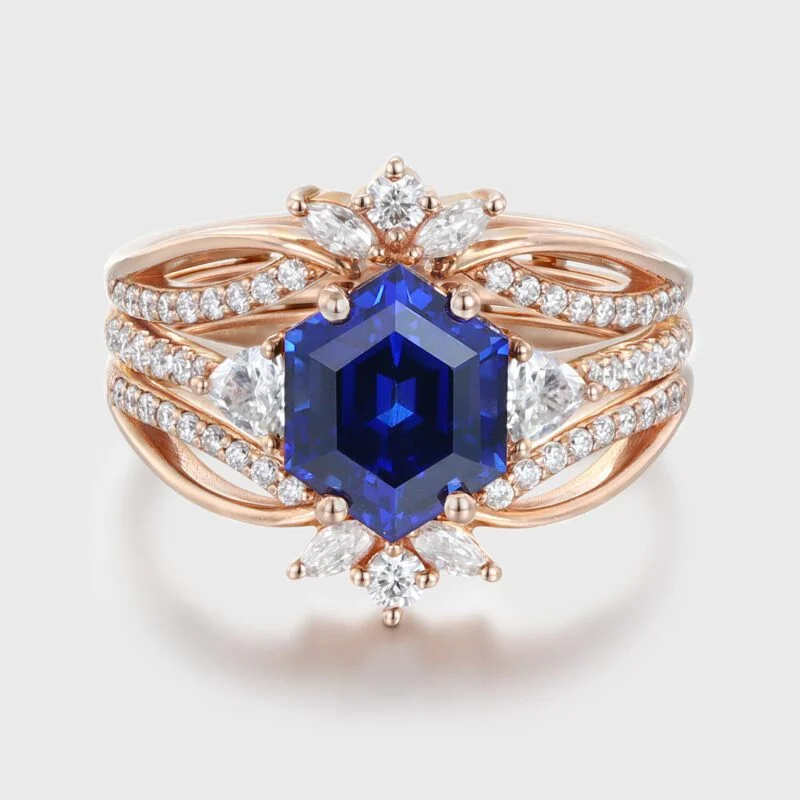 2.5 Carat Enhance Hexagon Cut Lab Grown Sapphire Engagement Ring Set Vintage 14K Rose Gold