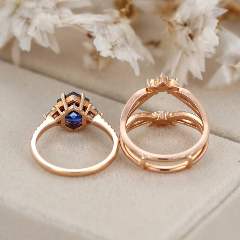 Unique Hexagon Cut Lab Sapphire Ring Set Vintage 14K Rose Gold Engagement Ring Enhance Ring Bridal Wedding Band Anniversary Gift