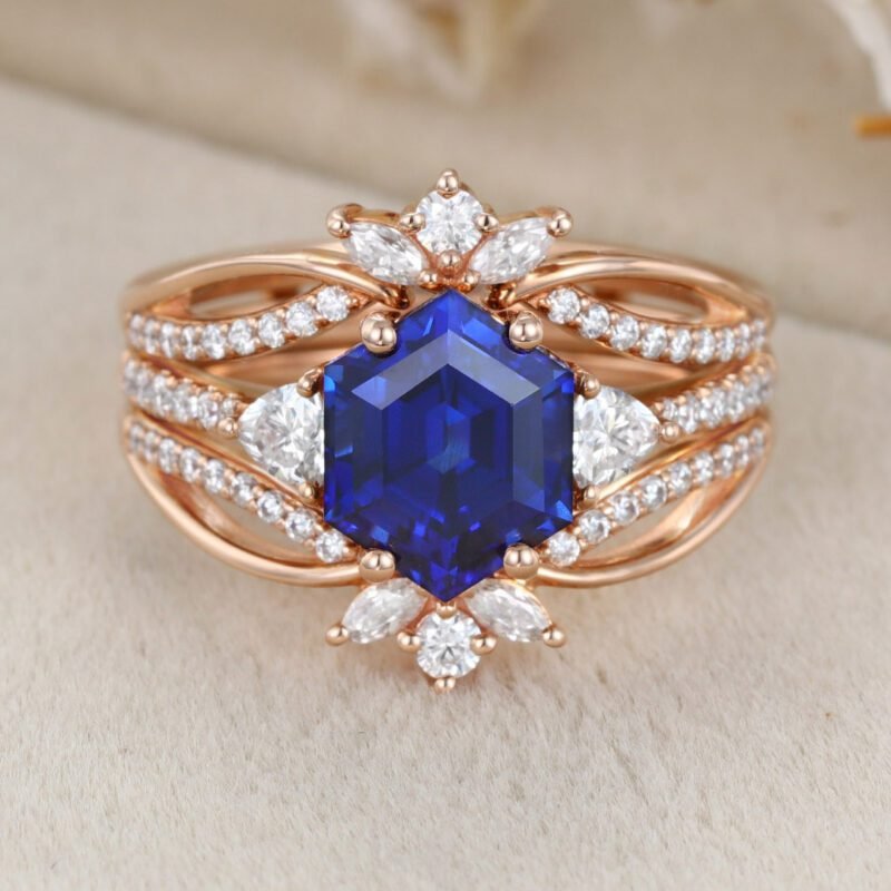 Unique Hexagon Cut Lab Sapphire Ring Set Vintage 14K Rose Gold Engagement Ring Enhance Ring Bridal Wedding Band Anniversary Gift