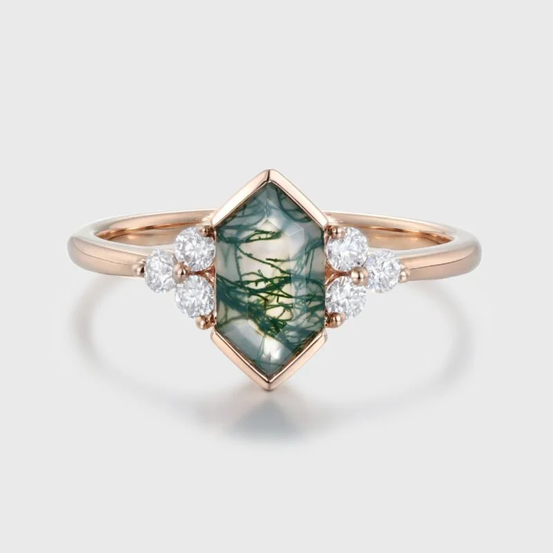 Unique Hexagon Cut Natural Moss Agate Ring Vintage 14K Rose Gold Gemstone Engagement Ring For Women Moissanite Cluster Art Deco Ring Gift