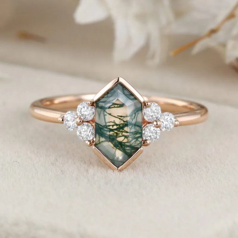 Unique Hexagon Cut Natural Moss Agate Ring Vintage 14K Rose Gold Gemstone Engagement Ring For Women Moissanite Cluster Art Deco Ring Gift