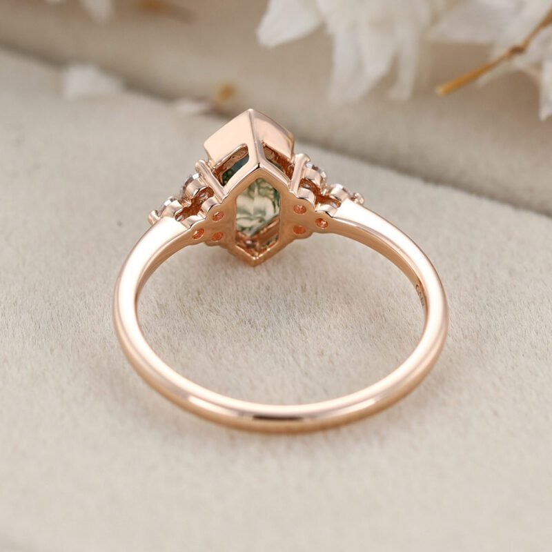 Unique Hexagon Cut Natural Moss Agate Ring Vintage 14K Rose Gold Gemstone Engagement Ring For Women Moissanite Cluster Art Deco Ring Gift