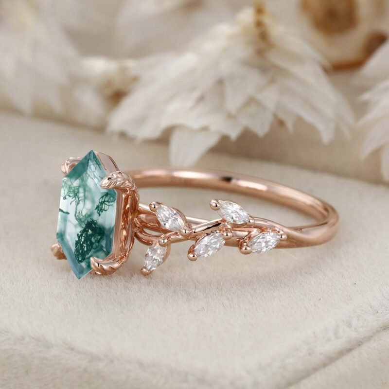 Unique Hexagon Cut Nature Inspired Moss Agate Ring Marquise Diamond in 14K Gold Branch Design