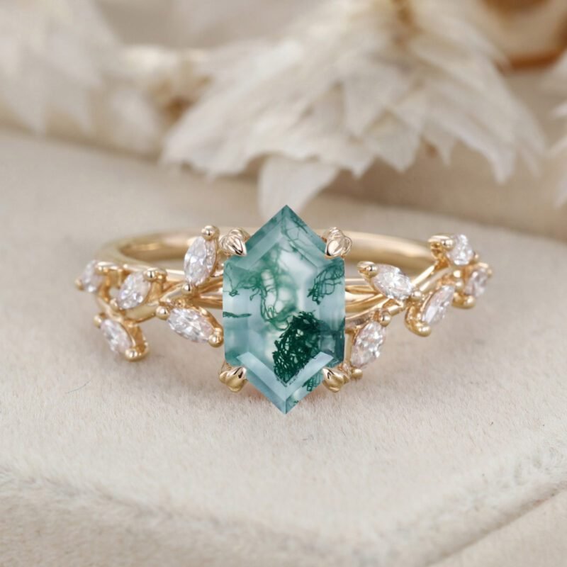 Unique Hexagon Cut Nature Inspired Moss Agate Ring Marquise Diamond in 14K Gold Branch Design