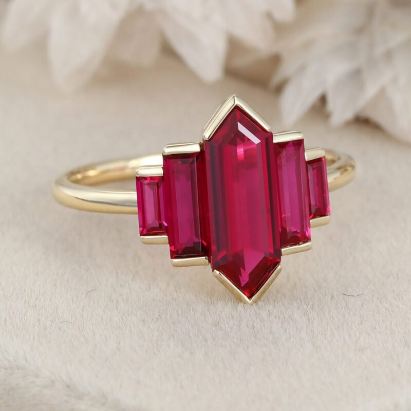 Unique Hexagon Lab Ruby engagement ring Cluster baguette engagement ring 14K Yellow gold ring Bezel Set art deco ring Promise Anniversary gift