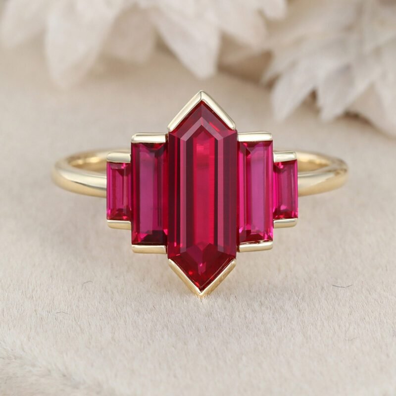 Unique Hexagon Lab Ruby engagement ring Cluster baguette engagement ring 14K Yellow gold ring Bezel Set art deco ring Promise Anniversary gift