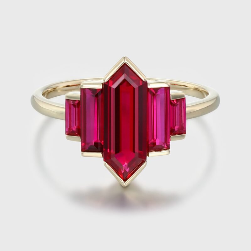 Unique Hexagon Lab Ruby engagement ring Cluster baguette engagement ring 14K Yellow gold ring Bezel Set art deco ring Promise Anniversary gift