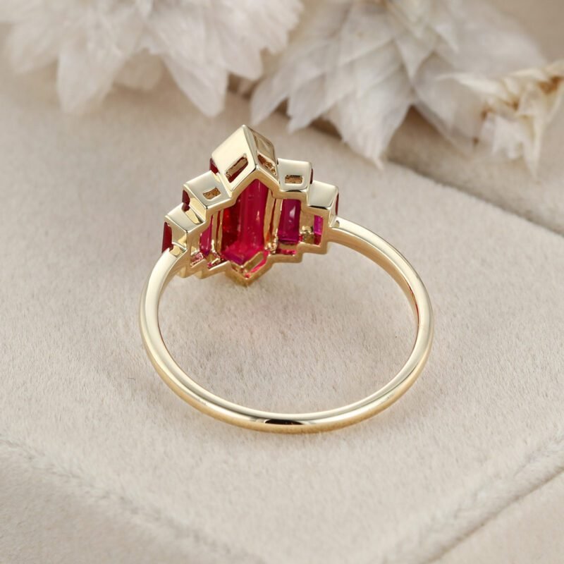 Unique Hexagon Lab Ruby engagement ring Cluster baguette engagement ring 14K Yellow gold ring Bezel Set art deco ring Promise Anniversary gift