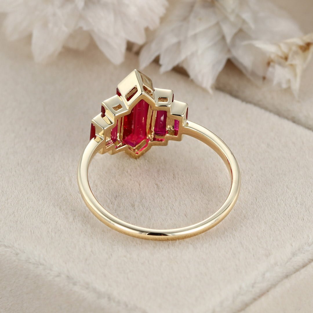 Hexagon Cut Lab Ruby Cluster Baguette Bezel Set Art Deco Ring In 14k Yellow  Gold - Oveela Jewelry