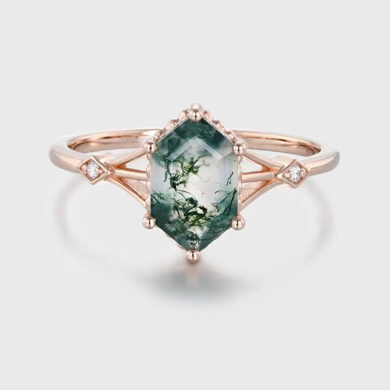 Unique Hexagon Moss Agate engagement ring 14K Rose gold diamond Moissanite wedding ring Bridal promise Anniversary gift for her