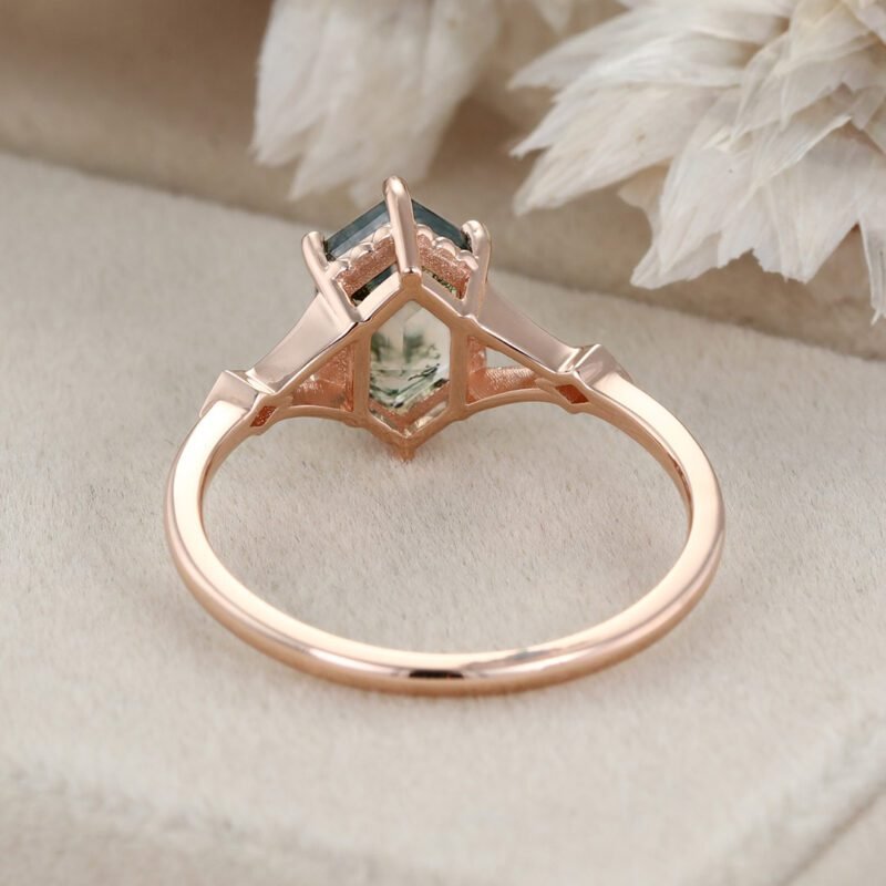 Unique Hexagon Moss Agate engagement ring 14K Rose gold diamond Moissanite wedding ring Bridal promise Anniversary gift for her