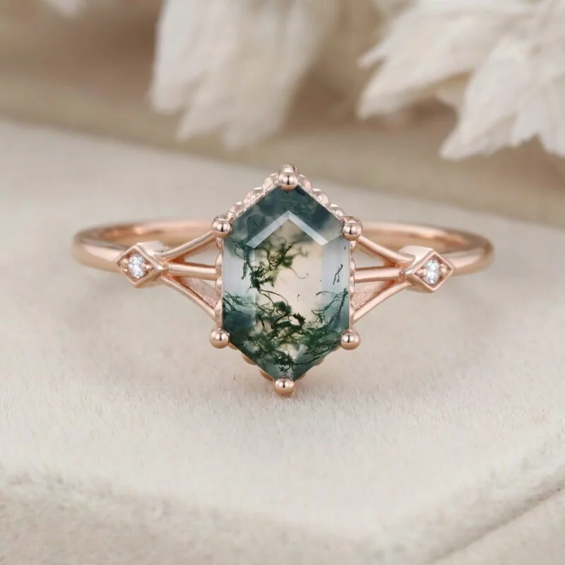 Unique Hexagon Moss Agate engagement ring 14K Rose gold diamond Moissanite wedding ring Bridal promise Anniversary gift for her