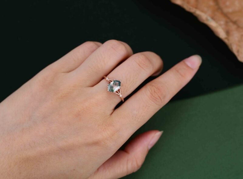 Unique Hexagon Moss Agate engagement ring 14K Rose gold diamond Moissanite wedding ring Bridal promise Anniversary gift for her