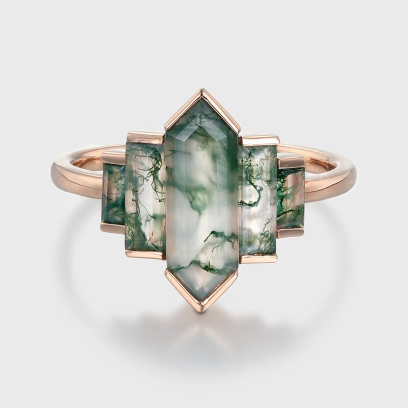 Unique Hexagon Natural Moss Agate Engagement Ring Cluster Baguette Engagement Ring 14K Rose Gold Bezel Set Art Deco Bridal Anniversary Gift