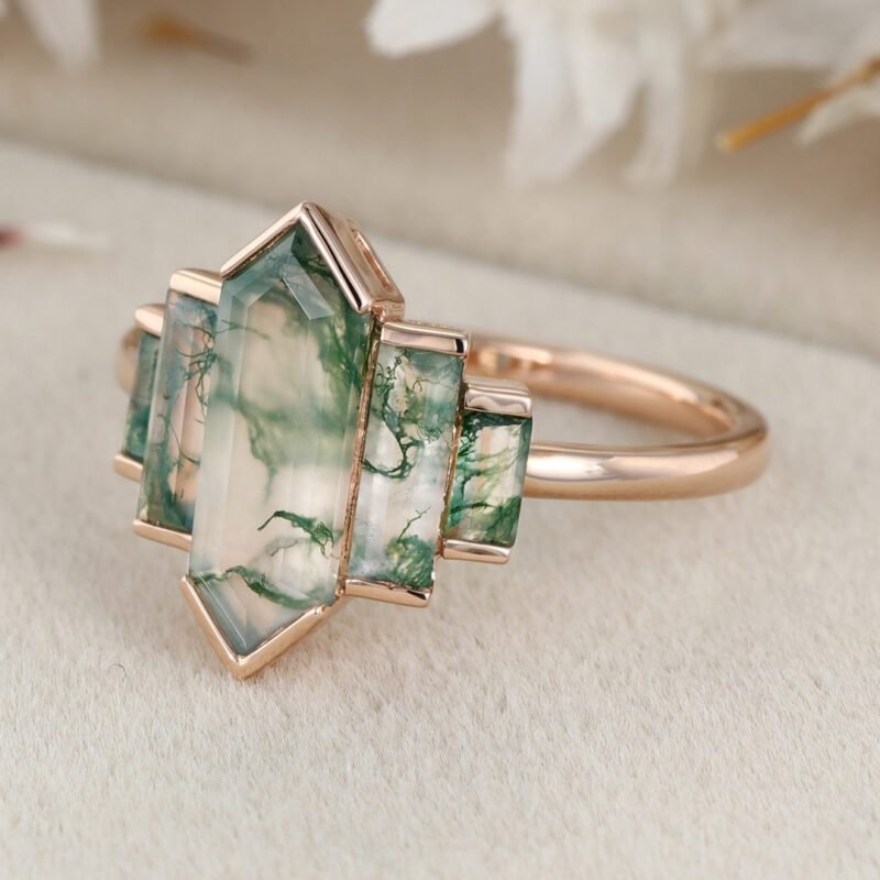 Unique Hexagon Natural Moss Agate Engagement Ring Cluster Baguette Engagement Ring 14K Rose Gold Bezel Set Art Deco Bridal Anniversary Gift