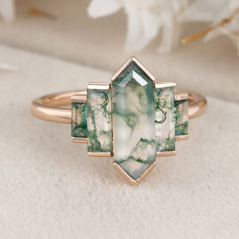 Unique Hexagon Natural Moss Agate Engagement Ring Cluster Baguette Engagement Ring 14K Rose Gold Bezel Set Art Deco Bridal Anniversary Gift