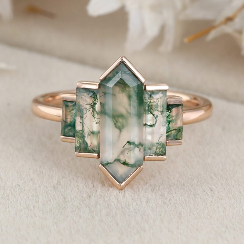 Unique Hexagon Natural Moss Agate Engagement Ring Cluster Baguette Engagement Ring 14K Rose Gold Bezel Set Art Deco Bridal Anniversary Gift