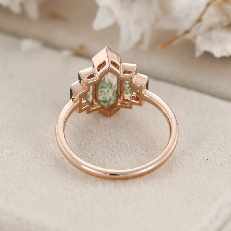 Unique Hexagon Natural Moss Agate Engagement Ring Cluster Baguette Engagement Ring 14K Rose Gold Bezel Set Art Deco Bridal Anniversary Gift