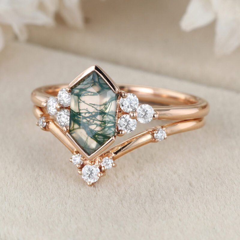 Unique Hexagon Natural Moss Agate engagement ring set Unique Rose gold Moissanite Diamond engagement ring Vintage Bridal Promise Anniversary