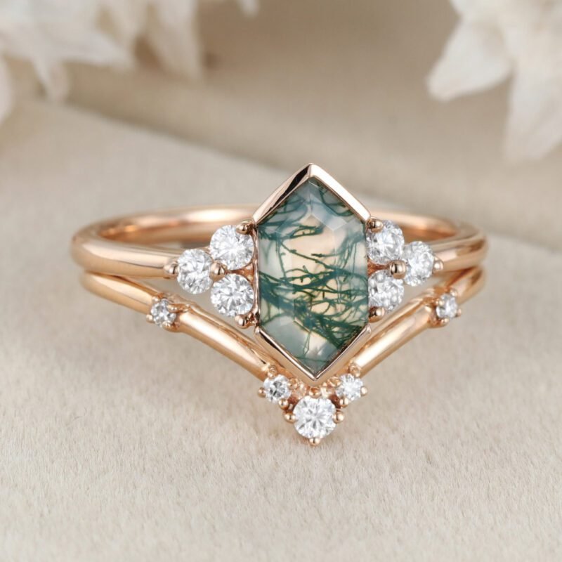 Unique Hexagon Natural Moss Agate engagement ring set Unique Rose gold Moissanite Diamond engagement ring Vintage Bridal Promise Anniversary