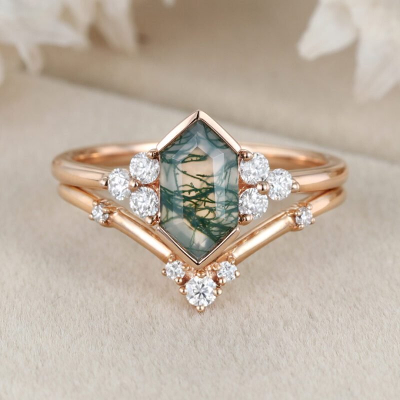 Unique Hexagon Natural Moss Agate engagement ring set Unique Rose gold Moissanite Diamond engagement ring Vintage Bridal Promise Anniversary