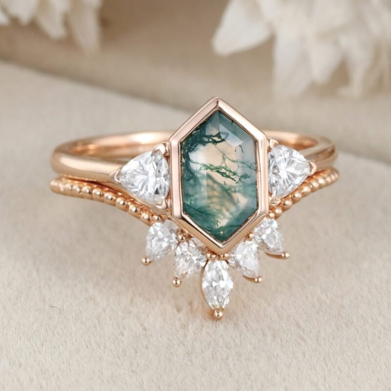 Unique Hexagon cut moss agate engagement ring set vantage 14K Rose gold marquise moissanite diamond curved wedding band Promise Anniversary