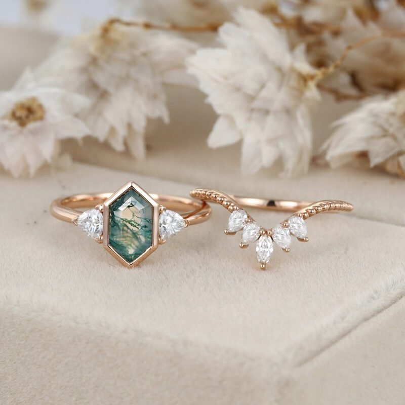 Unique Hexagon cut moss agate engagement ring set vantage 14K Rose gold marquise moissanite diamond curved wedding band Promise Anniversary