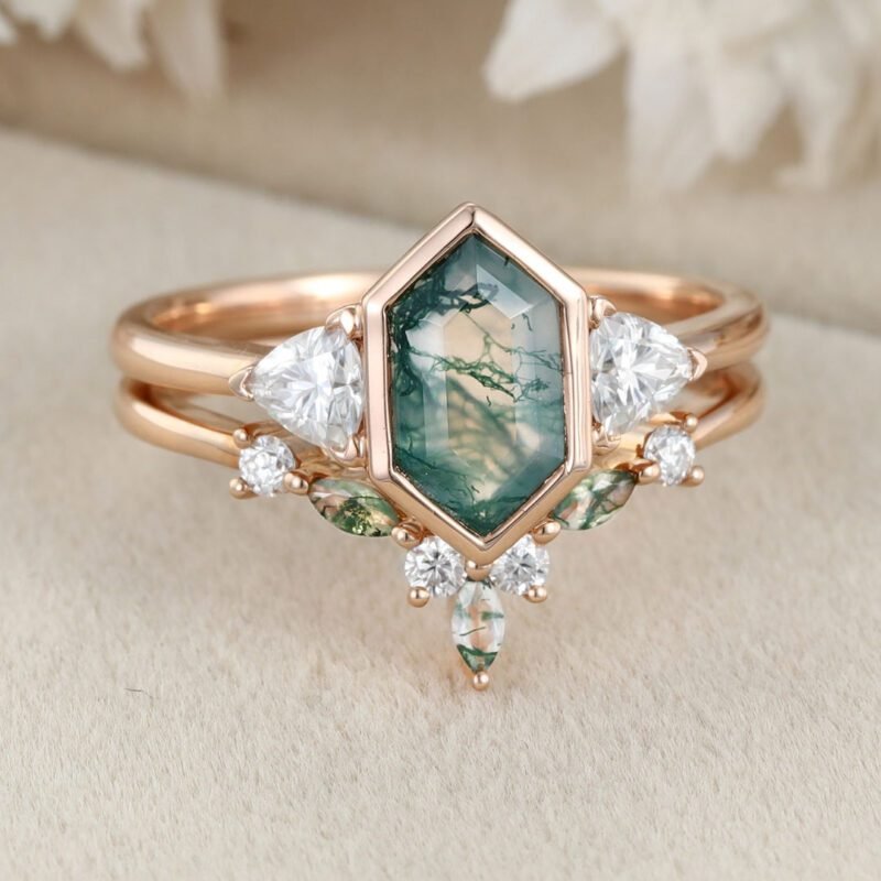 Unique Hexagon cut moss agate engagement ring set vintage Rose gold marquise moissanite diamond curved wedding band Promise Anniversary