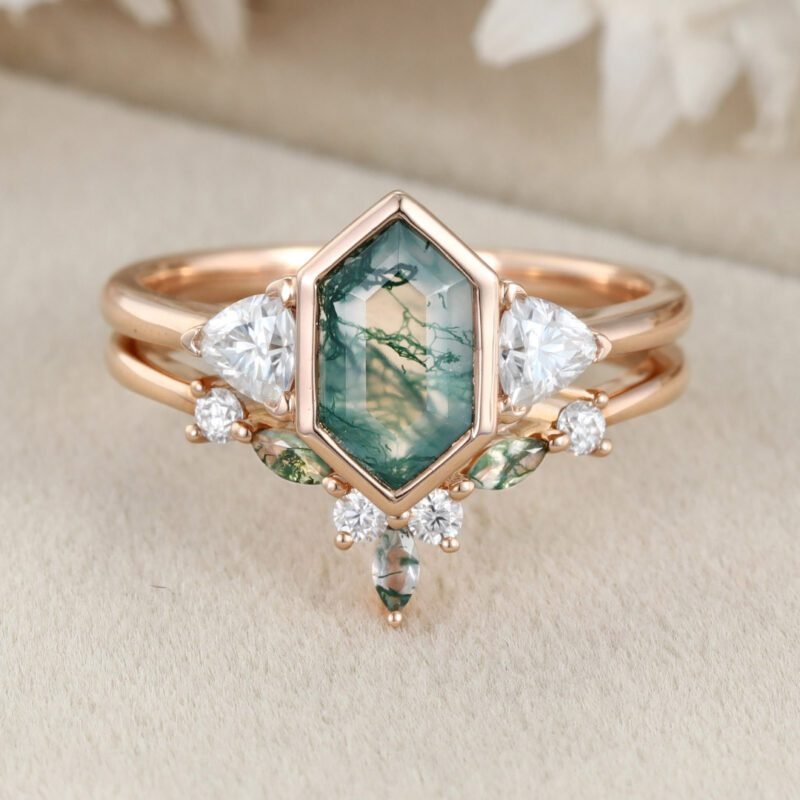 Unique Hexagon cut moss agate engagement ring set vintage Rose gold marquise moissanite diamond curved wedding band Promise Anniversary