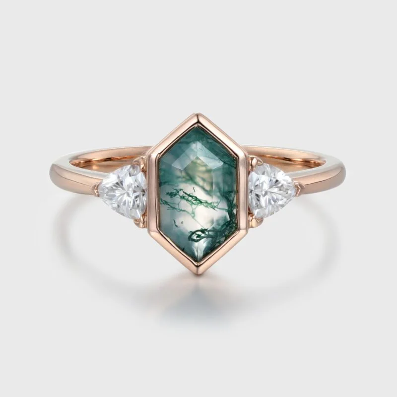 Unique Hexagon cut moss agate engagement ring vintage Rose gold moss agate engagement moissanite diamond wedding ring Promise Anniversary