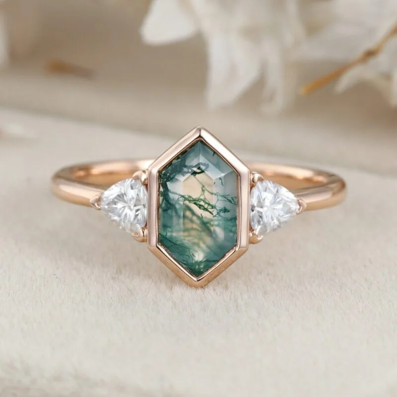 Unique Hexagon cut moss agate engagement ring vintage Rose gold moss agate engagement moissanite diamond wedding ring Promise Anniversary