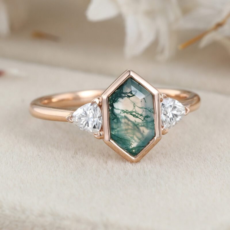 Unique Hexagon cut moss agate engagement ring vintage Rose gold moss agate engagement moissanite diamond wedding ring Promise Anniversary