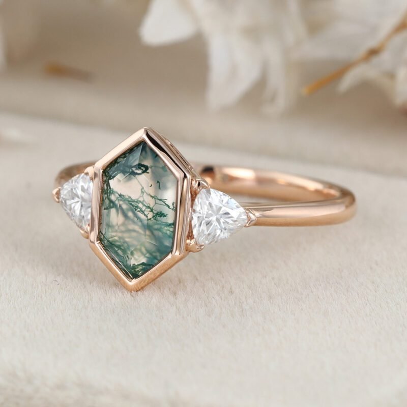 Unique Hexagon cut moss agate engagement ring vintage Rose gold moss agate engagement moissanite diamond wedding ring Promise Anniversary