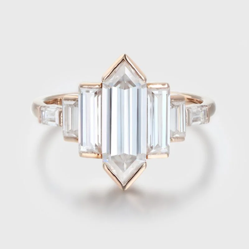 Bezel Set Art Deco Unique Hexagon Moissanite Engagement Ring In 14k Rose Gold