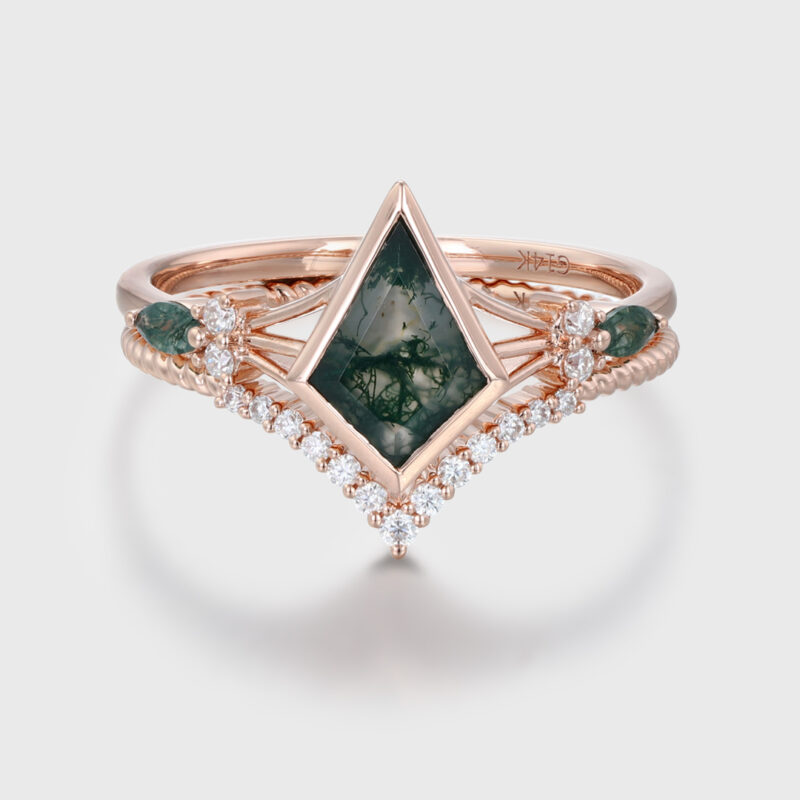 Unique Kite Cut Green Moss Agate Engagement Ring Set 14k Rose Gold Moissanite Wedding Ring Set Gift