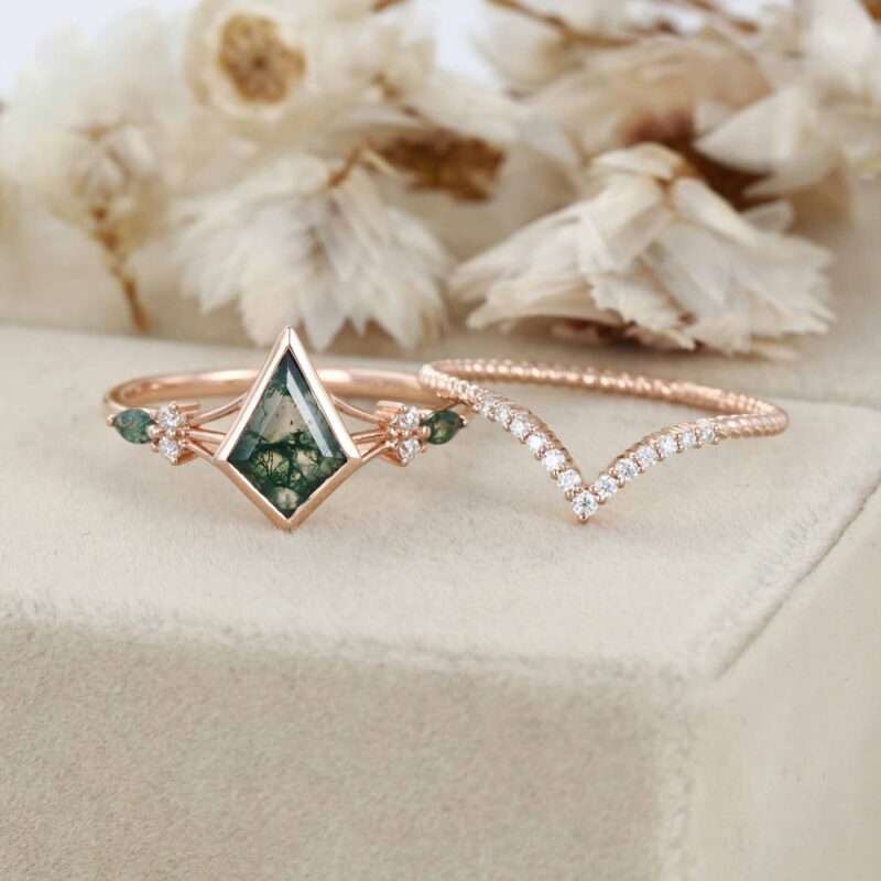 Unique Kite Cut Green Moss Agate Engagement Ring Set 14k Rose Gold Moissanite Wedding Ring Set Gift