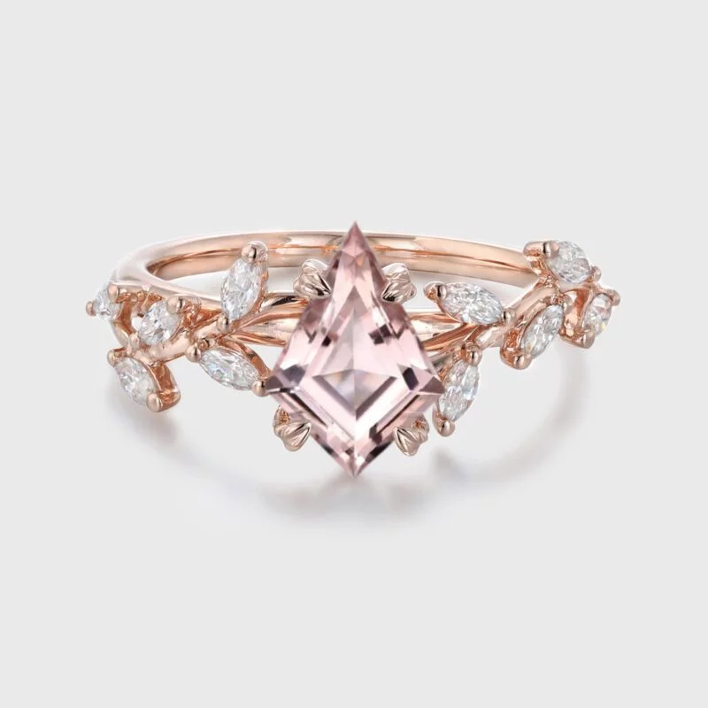 Unique Kite Cut Morganite Engagement Ring 14K Solid Gold Ring Unique Branch Diamond Wedding Ring