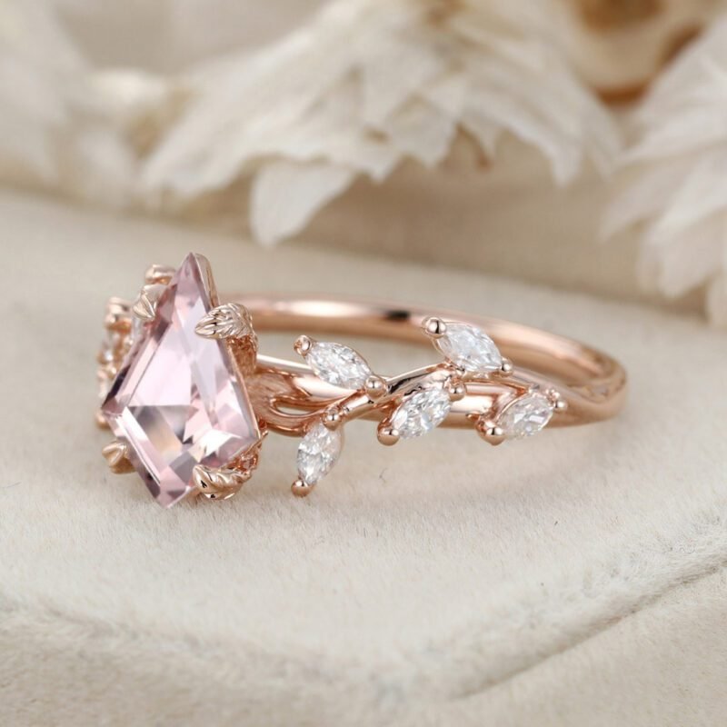 Unique Kite Cut Morganite Engagement Ring 14K Solid Gold Ring Unique Branch Diamond Wedding Ring