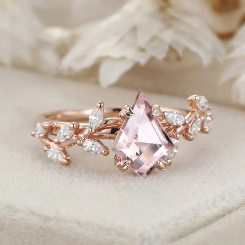 Unique Kite Cut Morganite Engagement Ring 14K Solid Gold Ring Unique Branch Diamond Wedding Ring