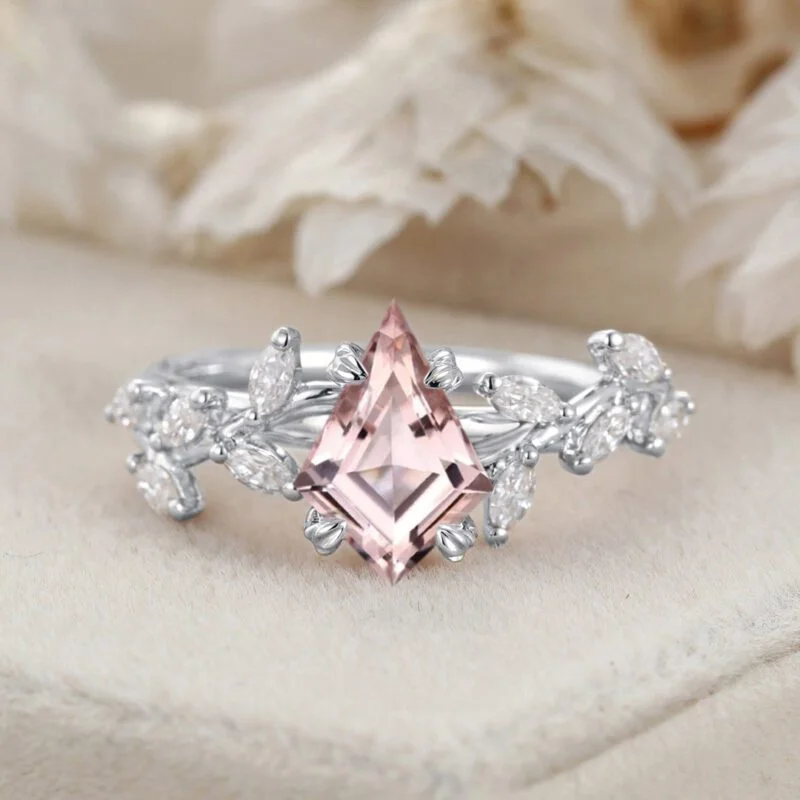 Unique Kite Cut Morganite Engagement Ring 14K Solid Gold Ring Unique Branch Diamond Wedding Ring