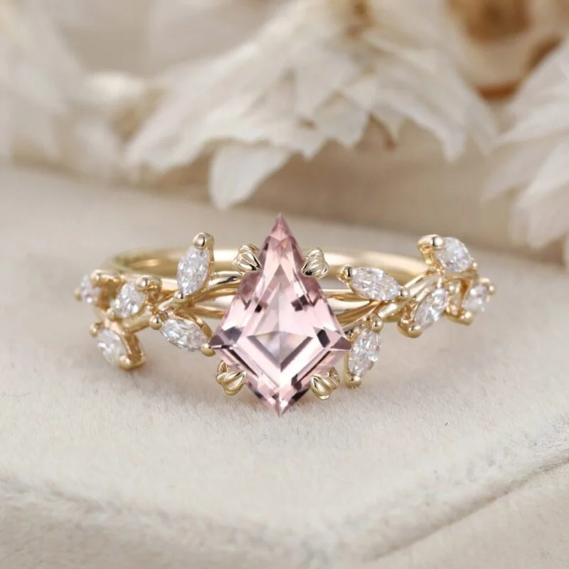 Unique Kite Cut Morganite Engagement Ring 14K Solid Gold Ring Unique Branch Diamond Wedding Ring