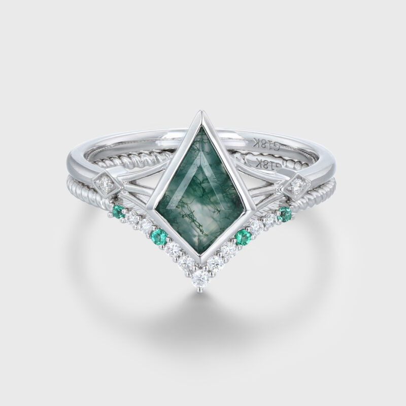 oveela Kite cut moss agate engagement ring set in 14K white gold with diamond accents, a unique and nature-inspired bridal jewelry design.