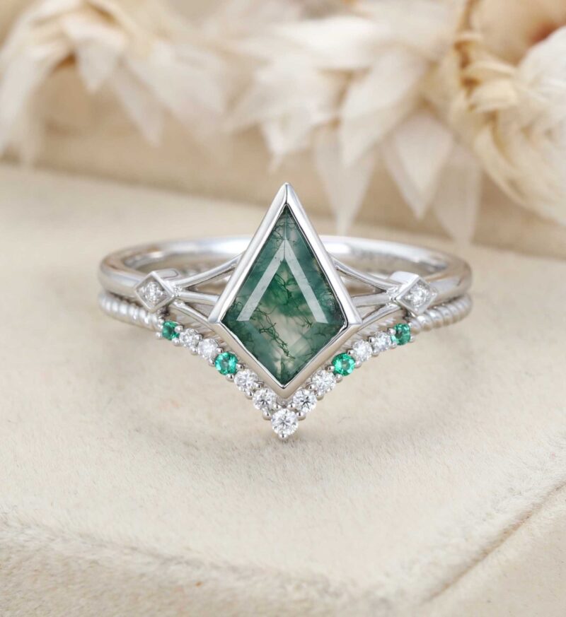 Unique Kite Cut Moss Agate Engagement Ring Set 14K White Gold Diamond Wedding Bridal Anniversary Gift