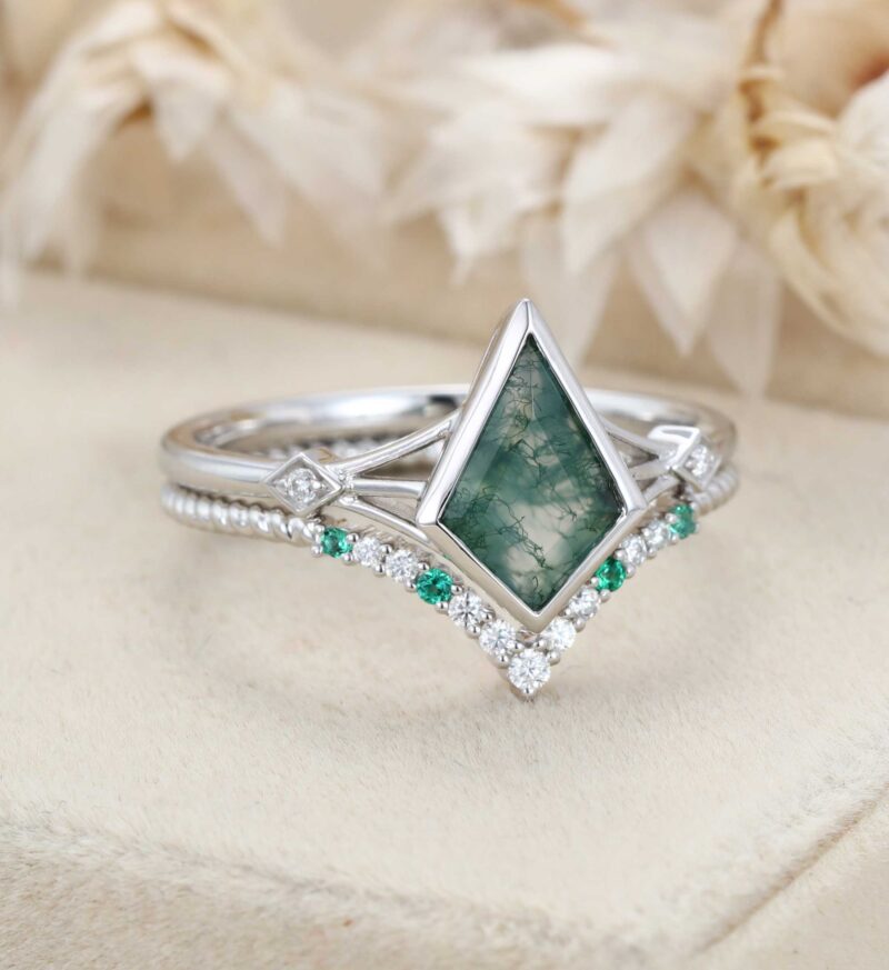 Unique Kite Cut Moss Agate Engagement Ring Set 14K White Gold Diamond Wedding Bridal Anniversary Gift