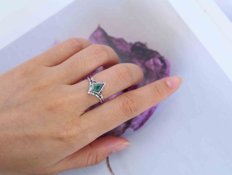 Unique Kite Cut Moss Agate Engagement Ring Set 14K White Gold Diamond Wedding Bridal Anniversary Gift