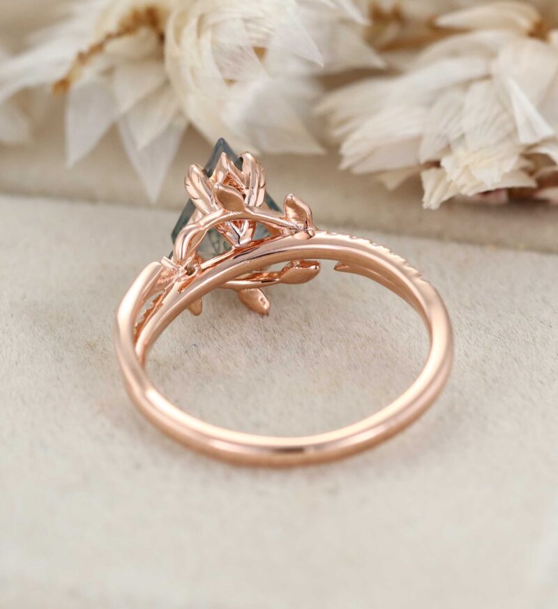 Unique Kite Cut Moss Agate Engagement Ring Twig Leaf Moissanite Ring Nature Inspired Rose Gold Cluster Ring Anniversary Gifts