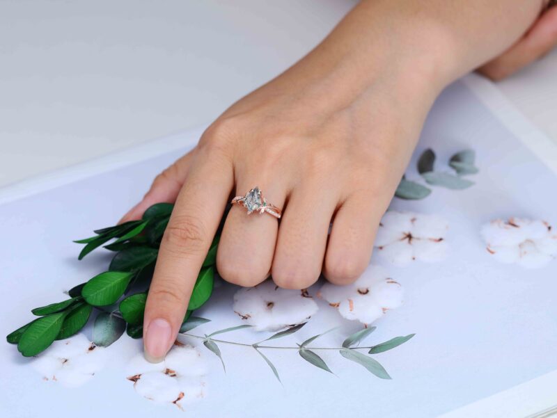 Unique Kite Cut Moss Agate Engagement Ring Twig Leaf Moissanite Ring Nature Inspired Rose Gold Cluster Ring Anniversary Gifts