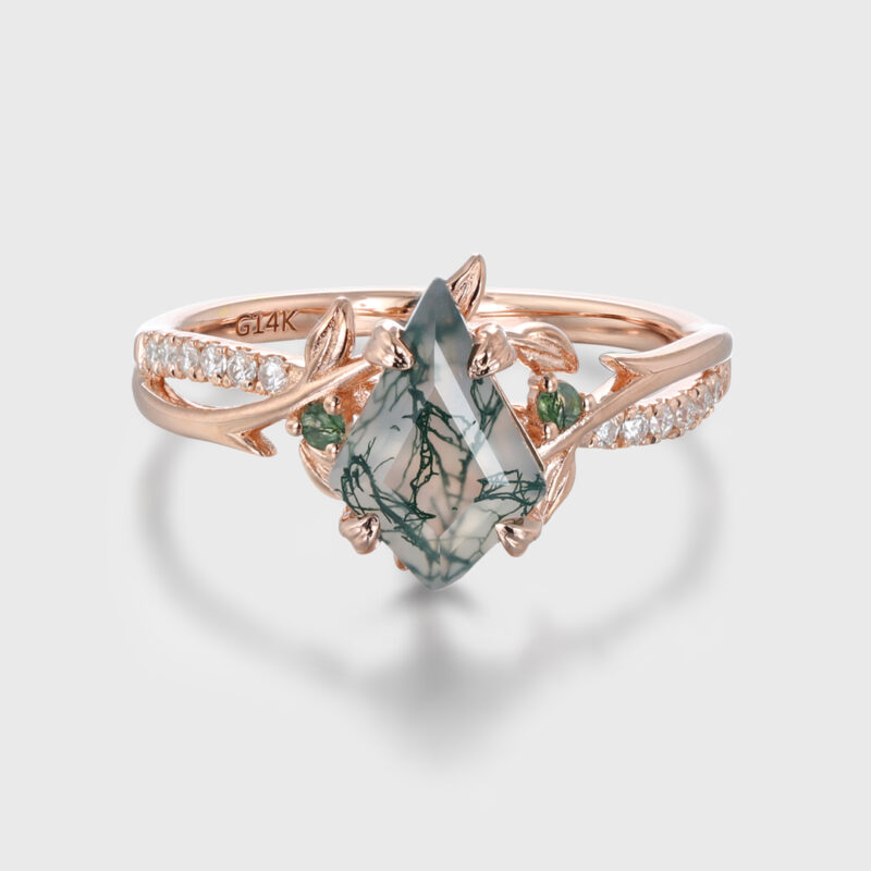 Unique Kite Cut Moss Agate Engagement Ring Twig Leaf Moissanite Ring Nature Inspired Rose Gold Cluster Ring Anniversary Gifts